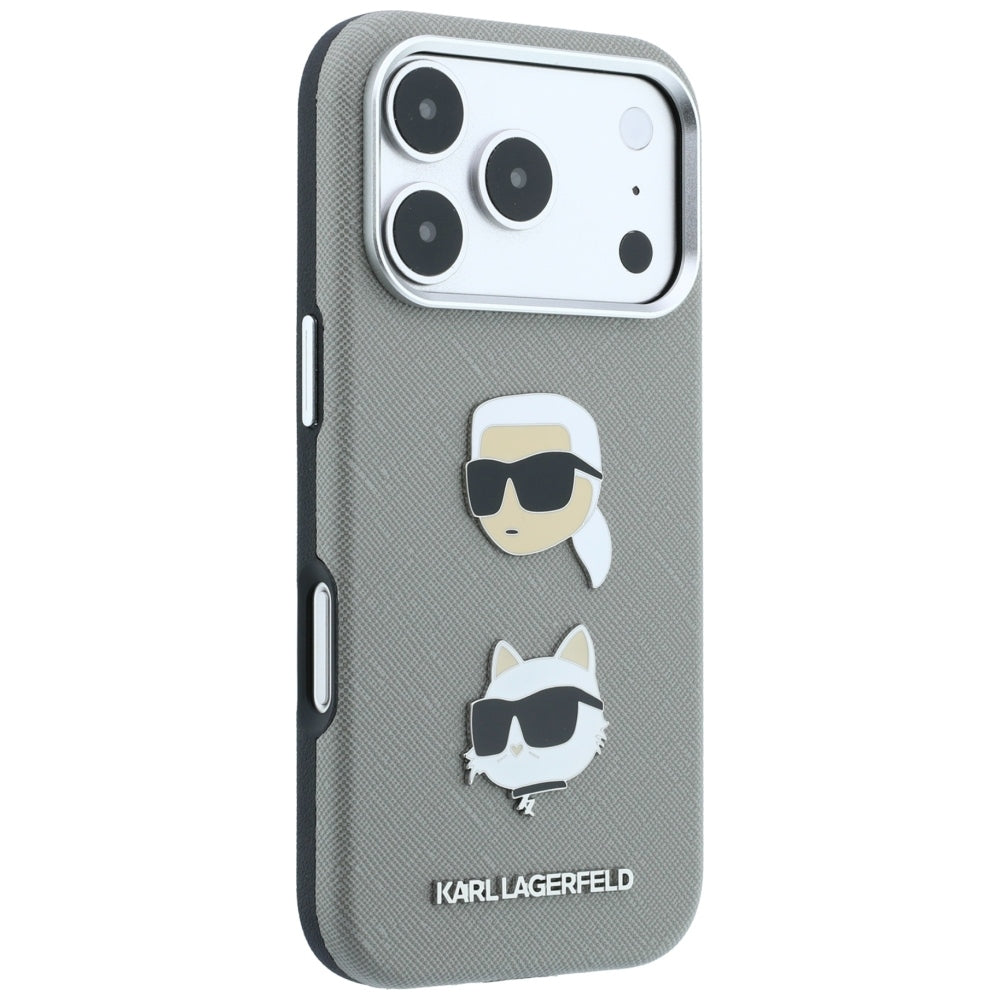Puzdro pre Apple iPhone 18 Pro Max / 17 Pro Max, Karl Lagerfeld, Saffiano s odznakom s hlavami Karla a Choupette a logom, sivé