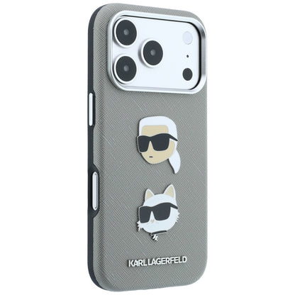 Puzdro pre Apple iPhone 18 Pro Max / 17 Pro Max, Karl Lagerfeld, Saffiano s odznakom s hlavami Karla a Choupette a logom, sivé