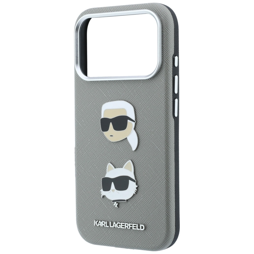 Puzdro pre Apple iPhone 18 Pro Max / 17 Pro Max, Karl Lagerfeld, Saffiano s odznakom s hlavami Karla a Choupette a logom, sivé