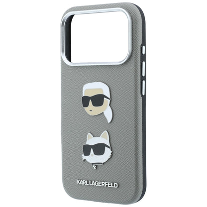 Puzdro pre Apple iPhone 18 Pro Max / 17 Pro Max, Karl Lagerfeld, Saffiano s odznakom s hlavami Karla a Choupette a logom, sivé