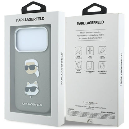 Puzdro pre Apple iPhone 18 Pro Max / 17 Pro Max, Karl Lagerfeld, Saffiano s odznakom s hlavami Karla a Choupette a logom, sivé