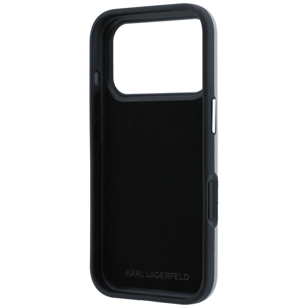 Puzdro pre Apple iPhone 18 Pro Max / 17 Pro Max, Karl Lagerfeld, Saffiano s odznakom s hlavami Karla a Choupette a logom, sivé