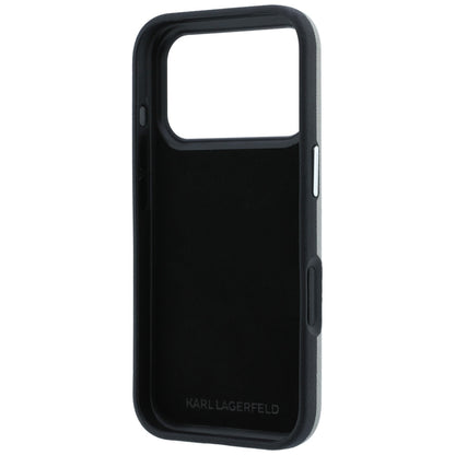 Puzdro pre Apple iPhone 18 Pro Max / 17 Pro Max, Karl Lagerfeld, Saffiano s odznakom s hlavami Karla a Choupette a logom, sivé