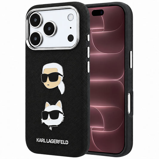 Obal na Apple iPhone 18 Pro Max / 17 Pro Max, Karl Lagerfeld, Saffiano s pripínacím odznakom hlavy Karla a Choupette a logom, čierny