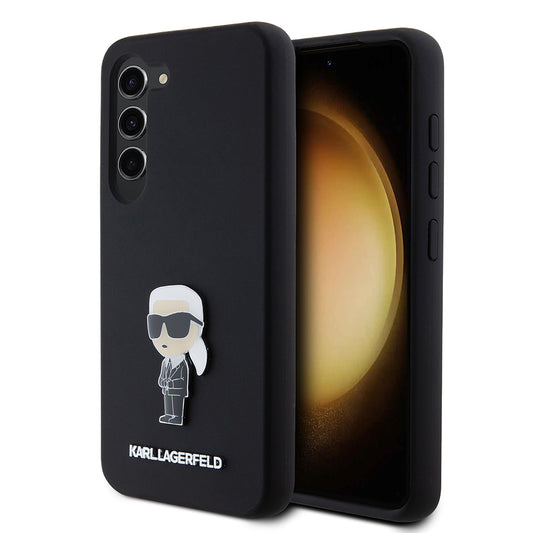 Puzdro pre Samsung Galaxy S23 S911, Karl Lagerfeld, Silicone Ikonik Karl Metal, Čierne