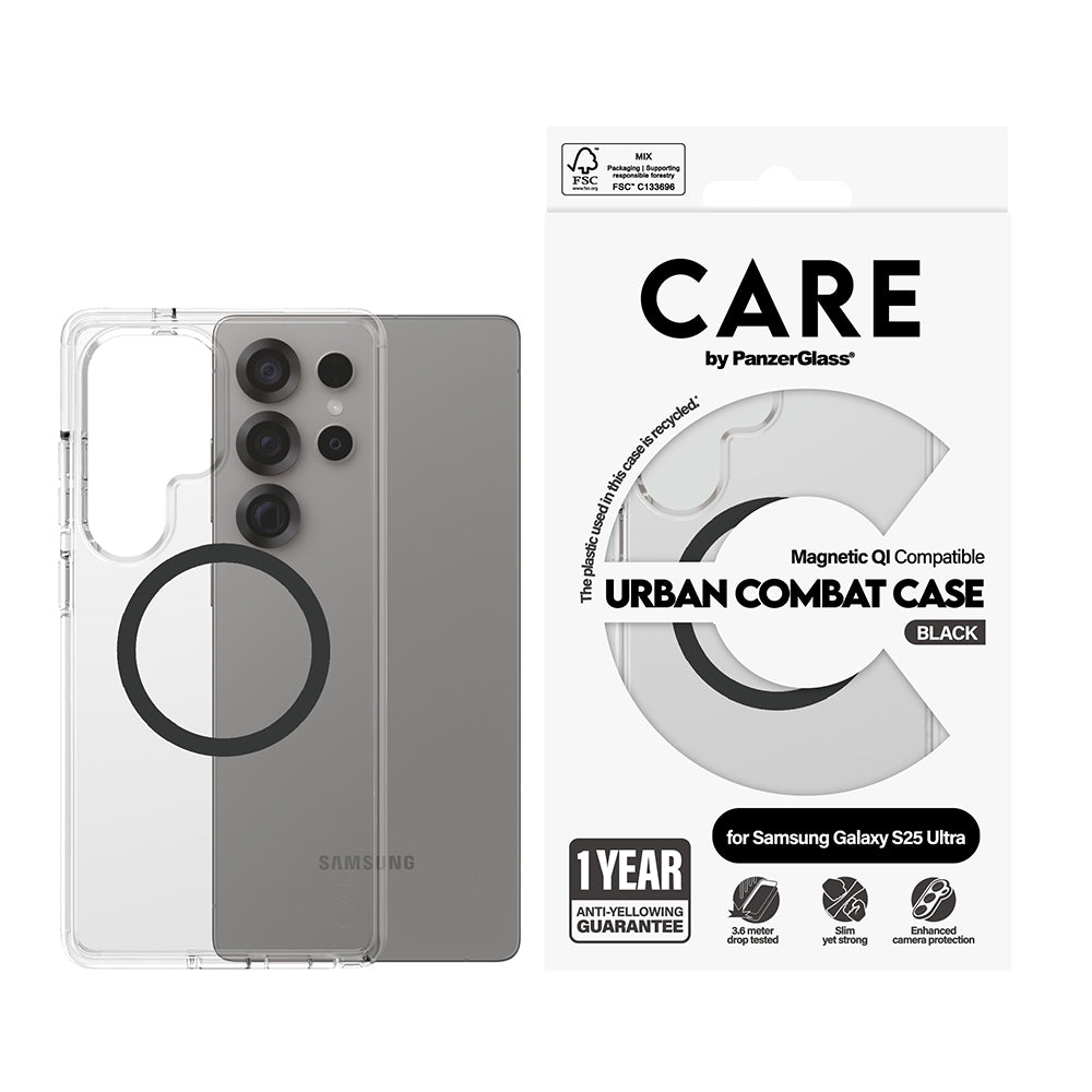 Case for Samsung Galaxy S25 Ultra S938, PanzerGlass, Urban Combat Care, Black Transparent