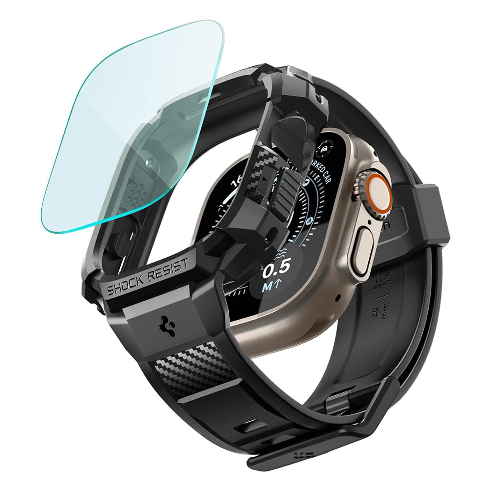 Puzdro Spigen Rugged Armor Pro s ochranným sklom pre Apple Watch Ultra Series, čierne ACS12053