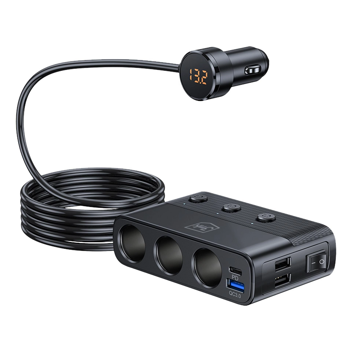 Auto nabíjačka 3MK Power Splitter, 120W, 3A, 3 x USB-A - 1 x USB-C - 3 x Rozšírenie zapaľovača, Čierna