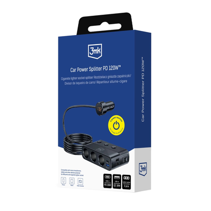 Auto nabíjačka 3MK Power Splitter, 120W, 3A, 3 x USB-A - 1 x USB-C - 3 x Rozšírenie zapaľovača, Čierna