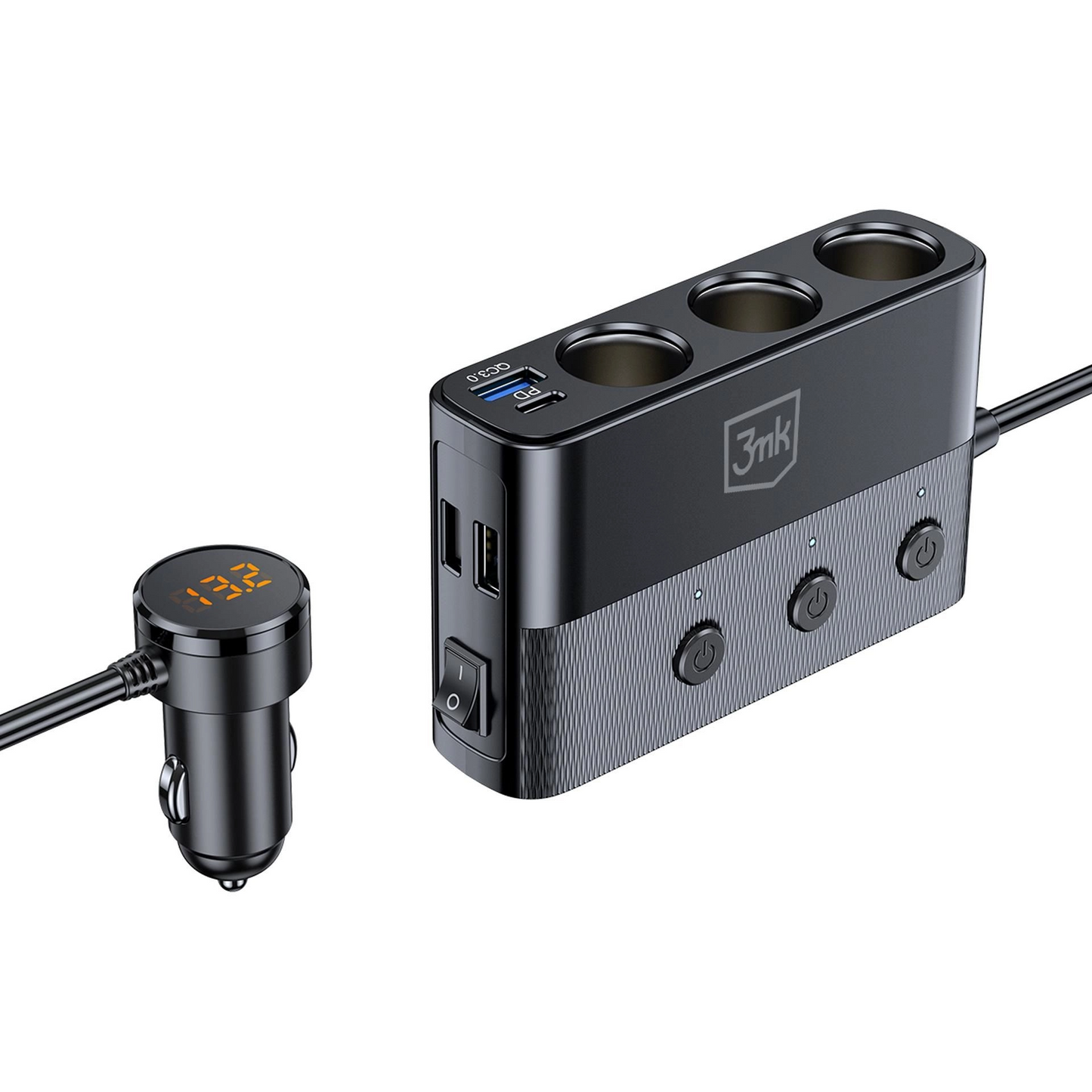 Auto nabíjačka 3MK Power Splitter, 120W, 3A, 3 x USB-A - 1 x USB-C - 3 x Rozšírenie zapaľovača, Čierna