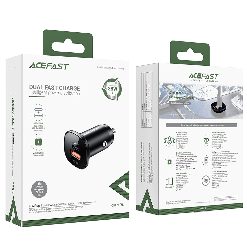 Auto nabíjačka Acefast B1, 38W, 3A, 1 x USB-A - 1 x USB-C, Čierna