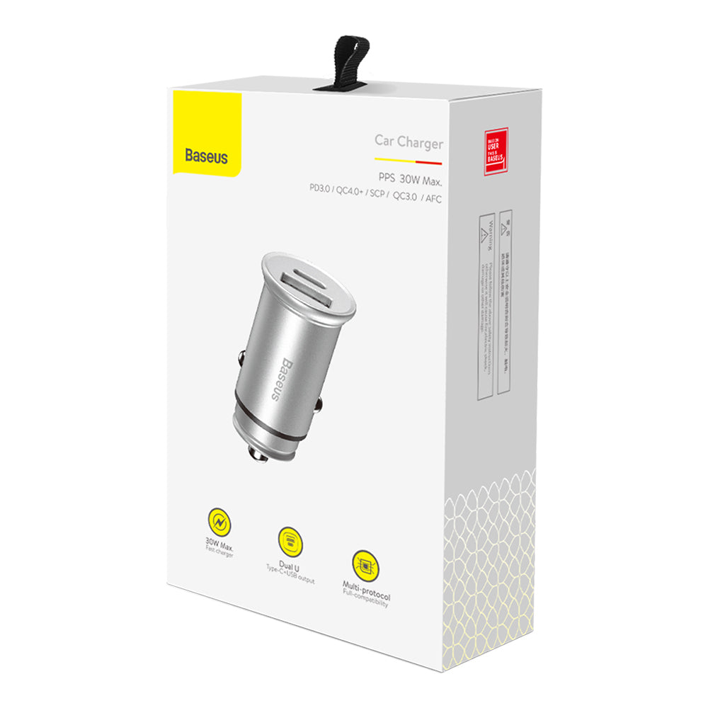 Auto nabíjačka Baseus Circular Metal, 30W, 5A, 1 x USB-A - 1 x USB-C, Sivá