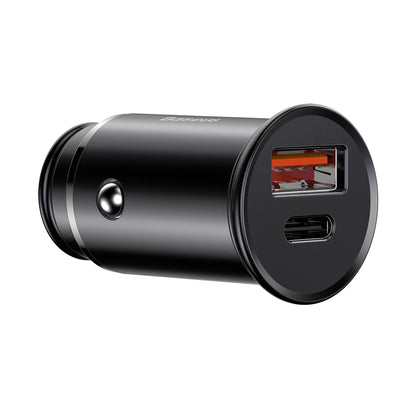Auto nabíjačka Baseus Circular Metal, 30W, 5A, 1 x USB-A - 1 x USB-C, Čierna