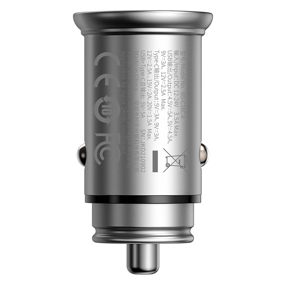 Auto nabíjačka Baseus Circular Metal, 30W, 5A, 1 x USB-A - 1 x USB-C, Sivá