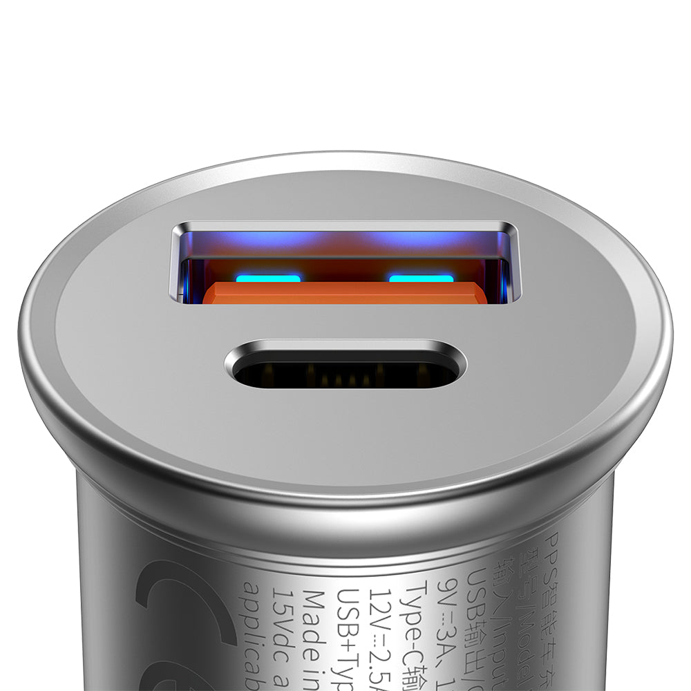 Auto nabíjačka Baseus Circular Metal, 30W, 5A, 1 x USB-A - 1 x USB-C, Sivá