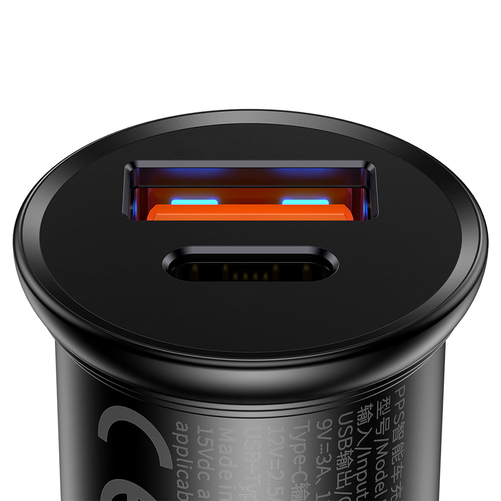 Auto nabíjačka Baseus Circular Metal, 30W, 5A, 1 x USB-A - 1 x USB-C, Čierna