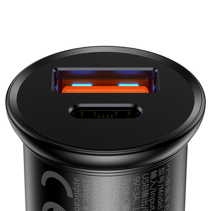 Auto nabíjačka Baseus Circular Metal, 30W, 5A, 1 x USB-A - 1 x USB-C, Čierna