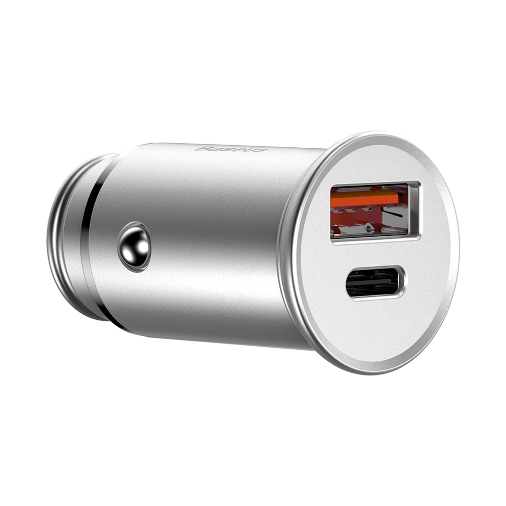 Auto nabíjačka Baseus Circular Metal, 30W, 5A, 1 x USB-A - 1 x USB-C, Sivá