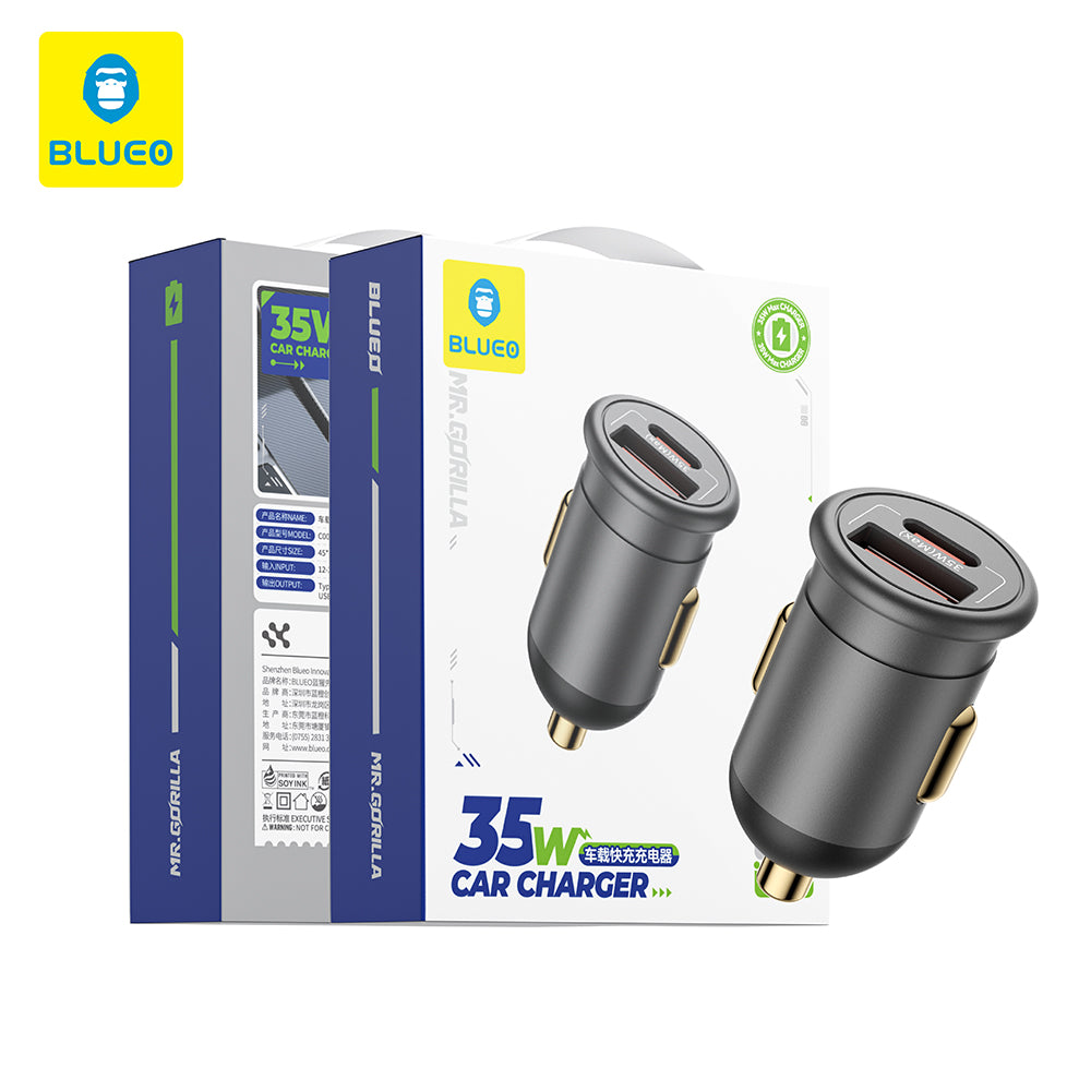 Auto nabíjačka Blueo, 35W, 3A, 1 x USB-A - 1 x USB-C, Sivá