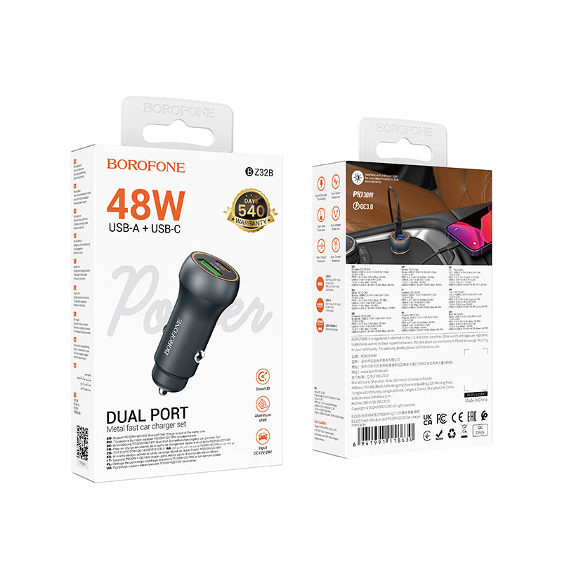 Auto nabíjačka Borofone BZ32B Fresh, 48W, 3A, 1 x USB-A - 1 x USB-C, Sivá