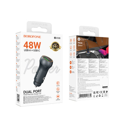 Auto nabíjačka Borofone BZ32B Fresh, 48W, 3A, 1 x USB-A - 1 x USB-C, Sivá