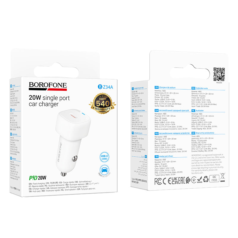 Auto nabíjačka Borofone BZ34A Cloud, 20W, 3A, 1 x USB-C, Biela