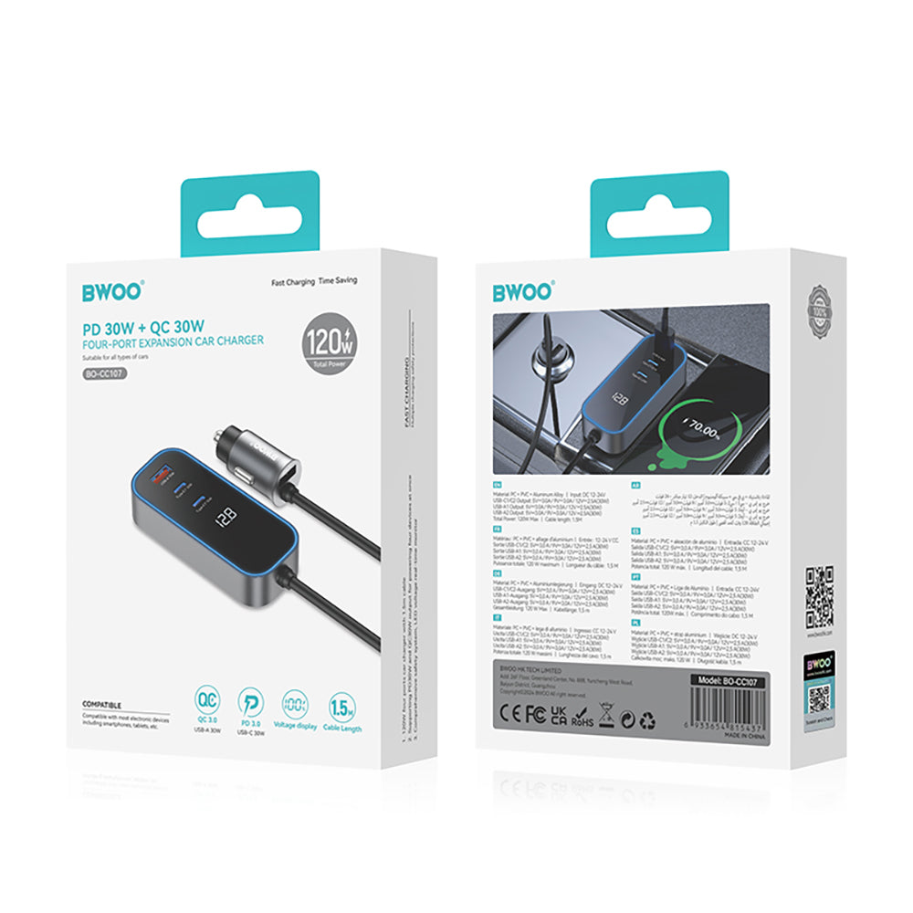 Auto nabíjačka BWOO CC107 Display, 120W, 3A, 2 x USB-A - 2 x USB-C, Čierna