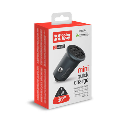 Auto nabíjačka ColorWay, 36W, 3A, 2 x USB-A, Sivá