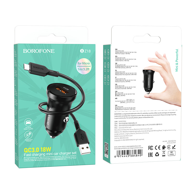 Auto nabíjačka s káblom microUSB Borofone BZ18, 18W, 3A, 1 x USB-A, Čierna