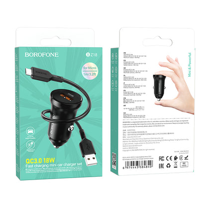 Auto nabíjačka s káblom microUSB Borofone BZ18, 18W, 3A, 1 x USB-A, Čierna