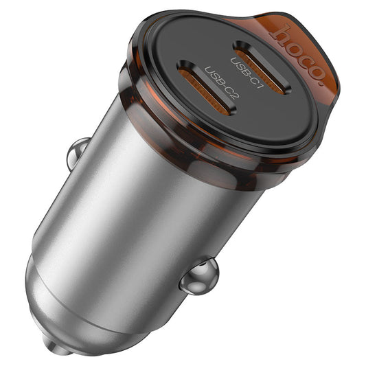 Auto nabíjačka s káblom Lightning HOCO NZ16B, 45W, 3A, 2 x USB-C, Sivá