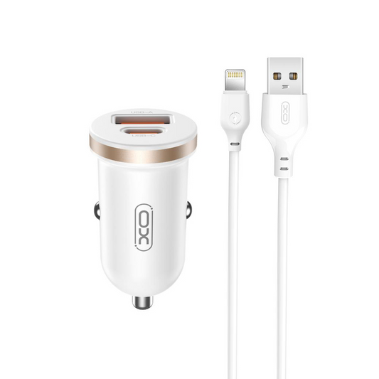 Auto nabíjačka s káblom Lightning XO Design CC56, 30W, 3A, 1 x USB-A - 1 x USB-C, Biela