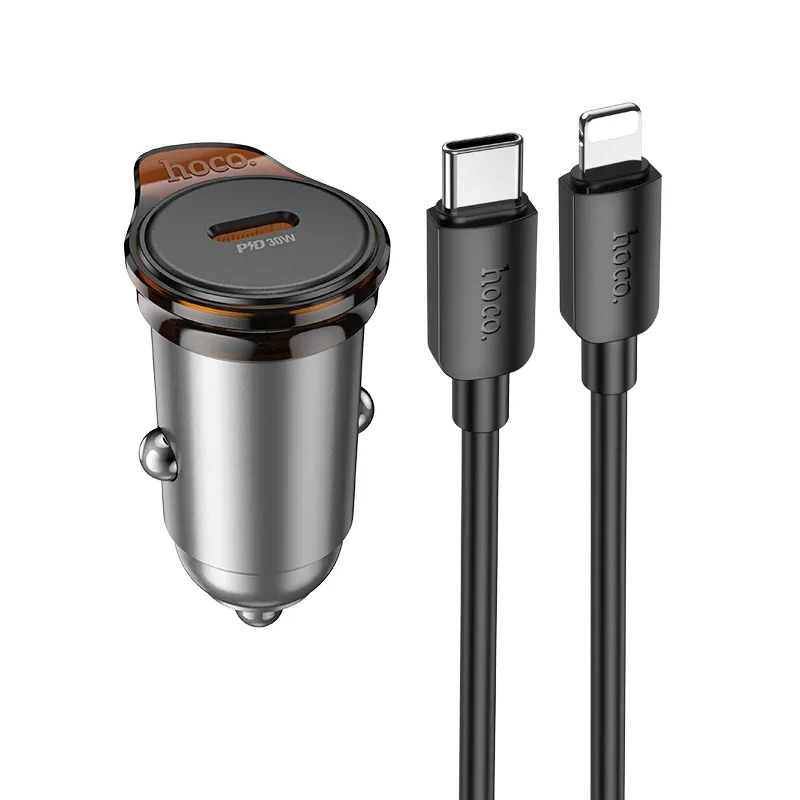 Auto nabíjačka s káblom Lightning HOCO NZ16, 30W, 3A, 1 x USB-C, Sivá