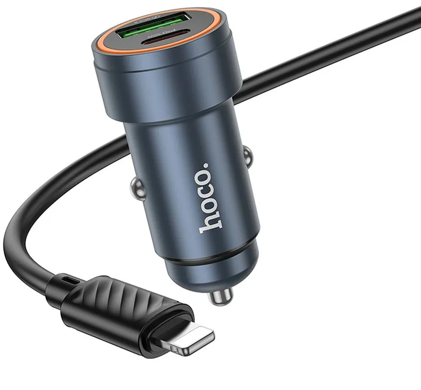 Auto nabíjačka s káblom Lightning HOCO Z57A, 30W, 3A, 1 x USB-A - 1 x USB-C, Sivá