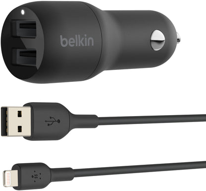 Autonabíjačka s káblom Lightning Belkin BoostCharge Dual, 24W, 2,4A, 2 x USB-A, čierna CCD001bt1MBK