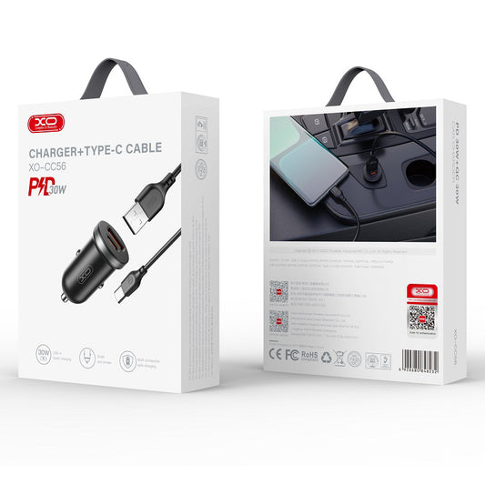 Auto nabíjačka s káblom USB-C XO Design CC56, 30W, 3A, 1 x USB-A - 1 x USB-C, Čierna