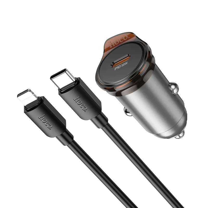 Auto nabíjačka s káblom Lightning HOCO NZ16, 30W, 3A, 1 x USB-C, Sivá