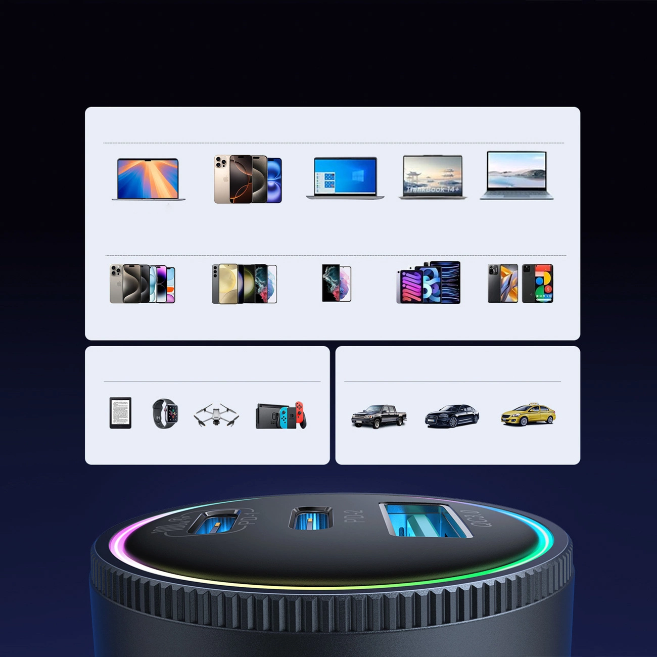 Autonabíjačka s káblom USB-C Joyroom JR-CCN07, 145W, 5A, 1 x USB-A - 2 x USB-C, Sivá