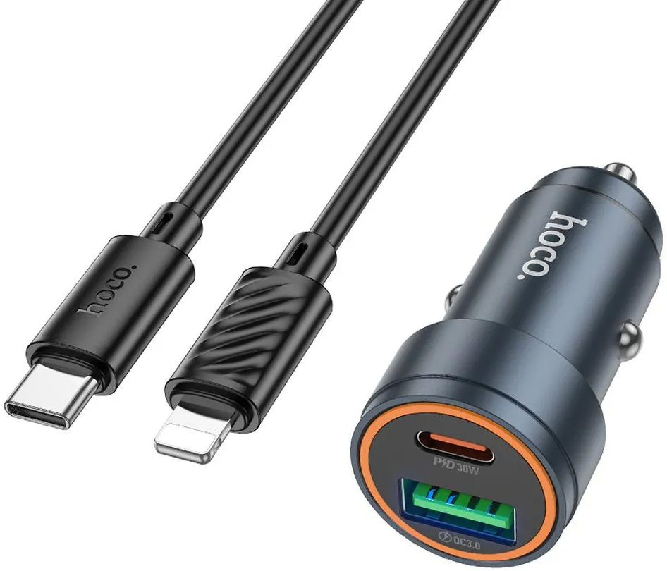 Auto nabíjačka s káblom Lightning HOCO Z57A, 30W, 3A, 1 x USB-A - 1 x USB-C, Sivá
