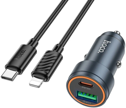 Auto nabíjačka s káblom Lightning HOCO Z57A, 30W, 3A, 1 x USB-A - 1 x USB-C, Sivá