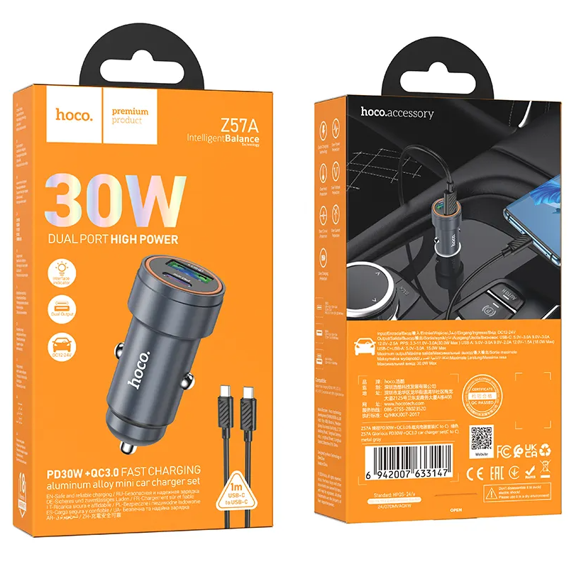 Auto nabíjačka s káblom USB-C HOCO Z57A, 30W, 3A, 1 x USB-A - 1 x USB-C, Sivá