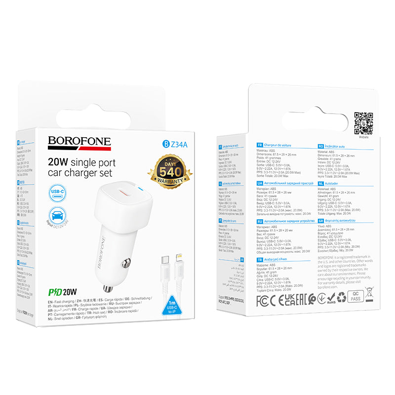 Auto nabíjačka s káblom Lightning Borofone BZ34B Cloud, 20W, 3A, 1 x USB-A - 1 x USB-C, Biela
