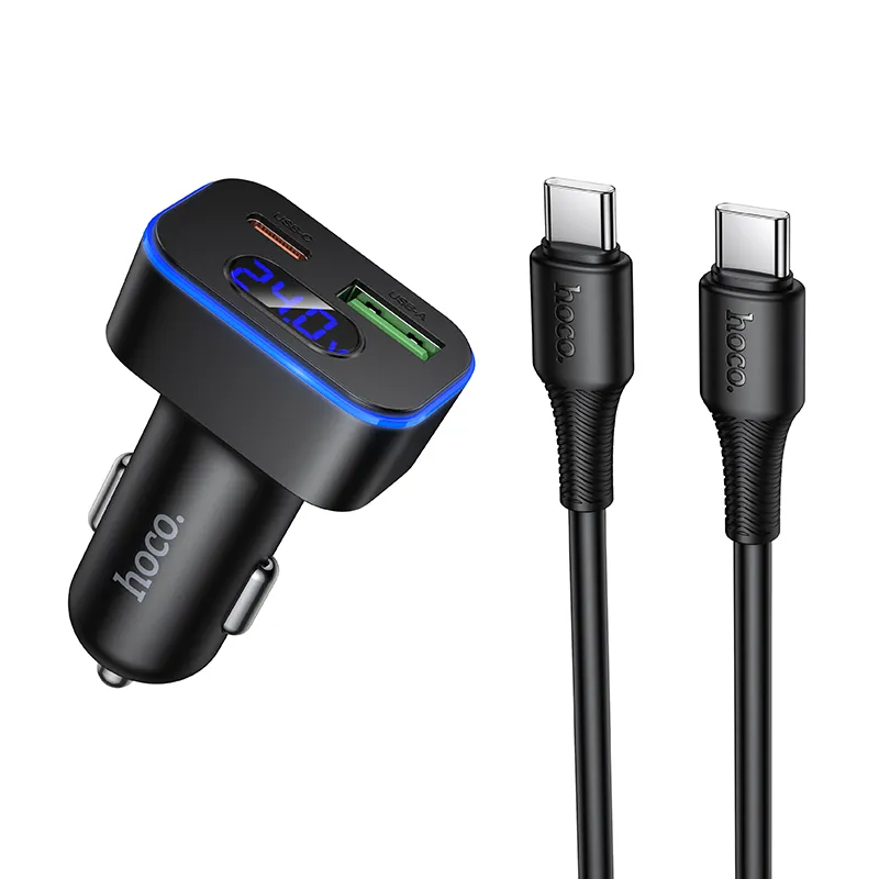 Auto nabíjačka s USB-C káblom HOCO Z63B Display, 48W, 3A, 1 x USB-A - 1 x USB-C, Čierna