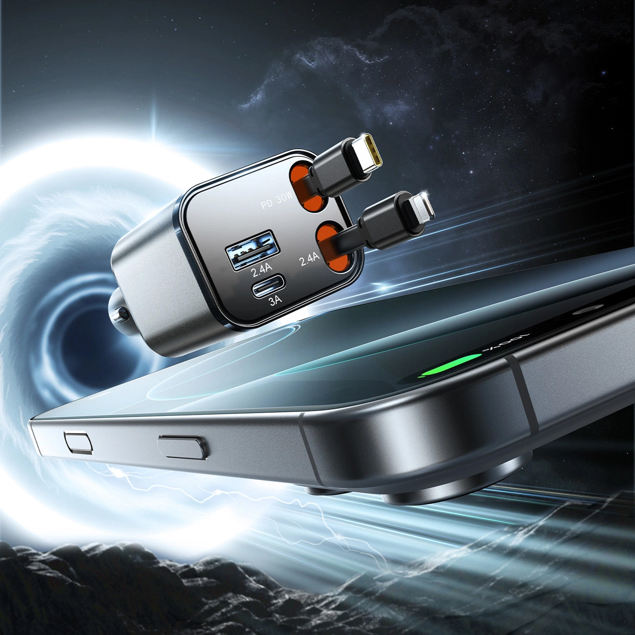 Auto nabíjačka s káblom USB-C / Lightning Joyroom JR-CCL05, 30W, 3A, 1 x USB-A - 1 x USB-C, Sivá
