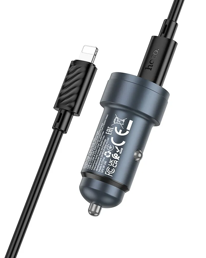 Auto nabíjačka s káblom Lightning HOCO Z57A, 30W, 3A, 1 x USB-A - 1 x USB-C, Sivá