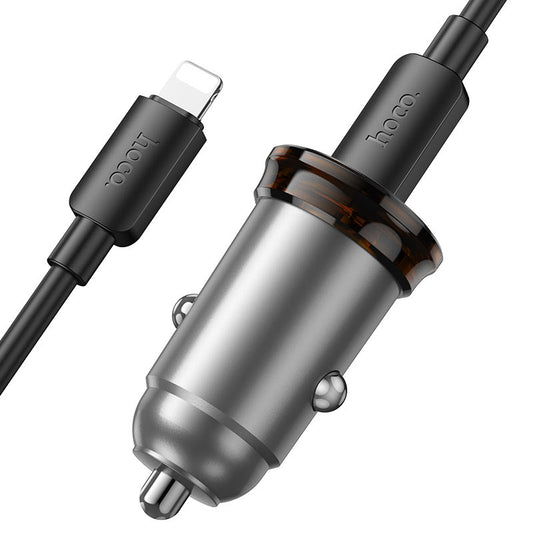 Auto nabíjačka s káblom Lightning HOCO NZ16B, 45W, 3A, 2 x USB-C, Sivá