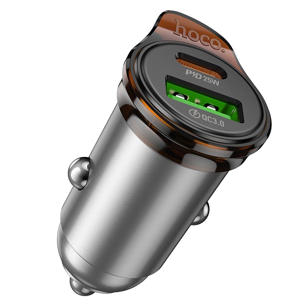 Auto nabíjačka s káblom Lightning HOCO NZ16A, 43W, 3A, 1 x USB-A - 1 x USB-C, Sivá