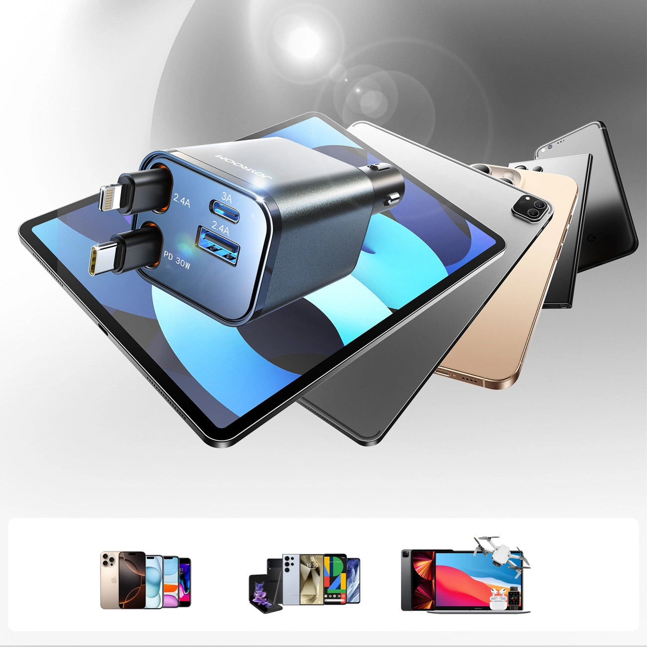 Auto nabíjačka s káblom USB-C / Lightning Joyroom JR-CCL05, 30W, 3A, 1 x USB-A - 1 x USB-C, Sivá