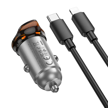 Auto nabíjačka s káblom Lightning HOCO NZ16, 30W, 3A, 1 x USB-C, Sivá