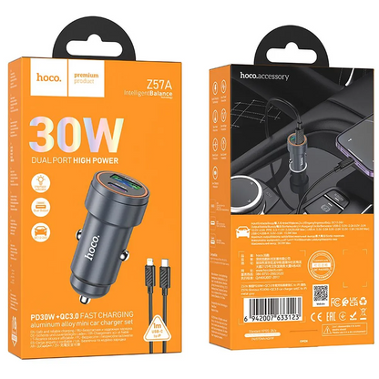 Auto nabíjačka s káblom Lightning HOCO Z57A, 30W, 3A, 1 x USB-A - 1 x USB-C, Sivá